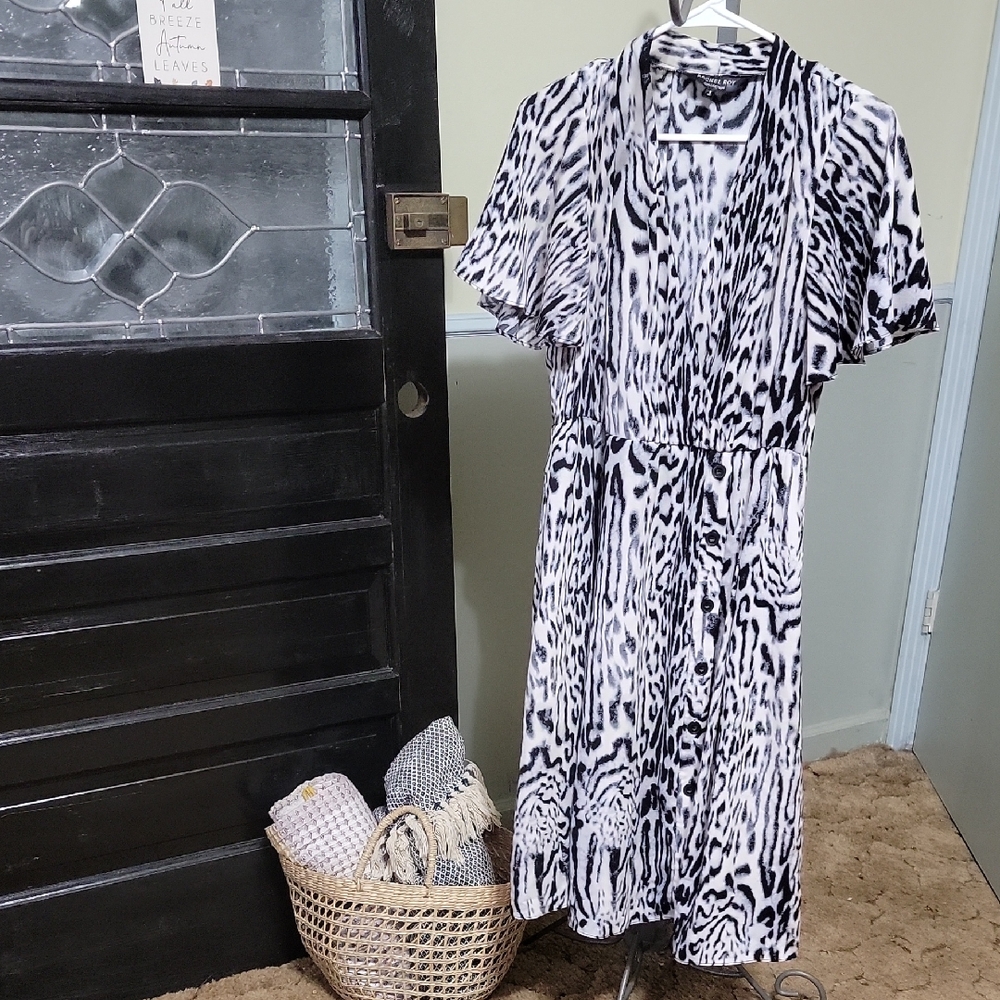 NWOT RACHEL Rachel Roy Monochrome Patterned Dress Wrap Top Pockets Woman Size S
